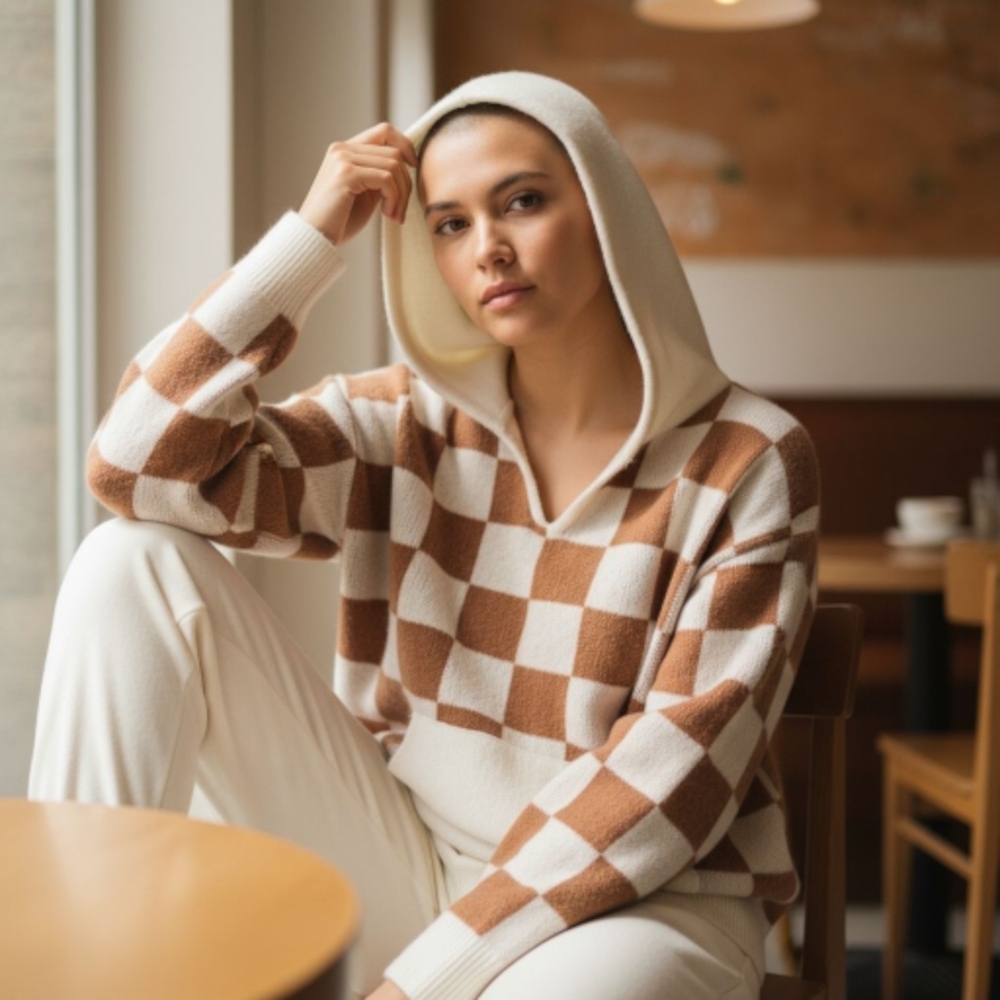 BiBi Checkered Hoodie Sweater Pullover Rust Cream Checkerboard Size Large